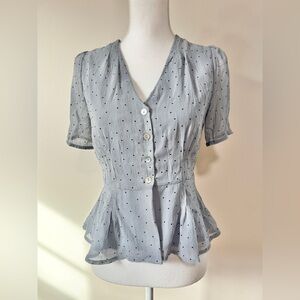 All Row Boutique Gray Polka Dot Button Front Peplum Blouse